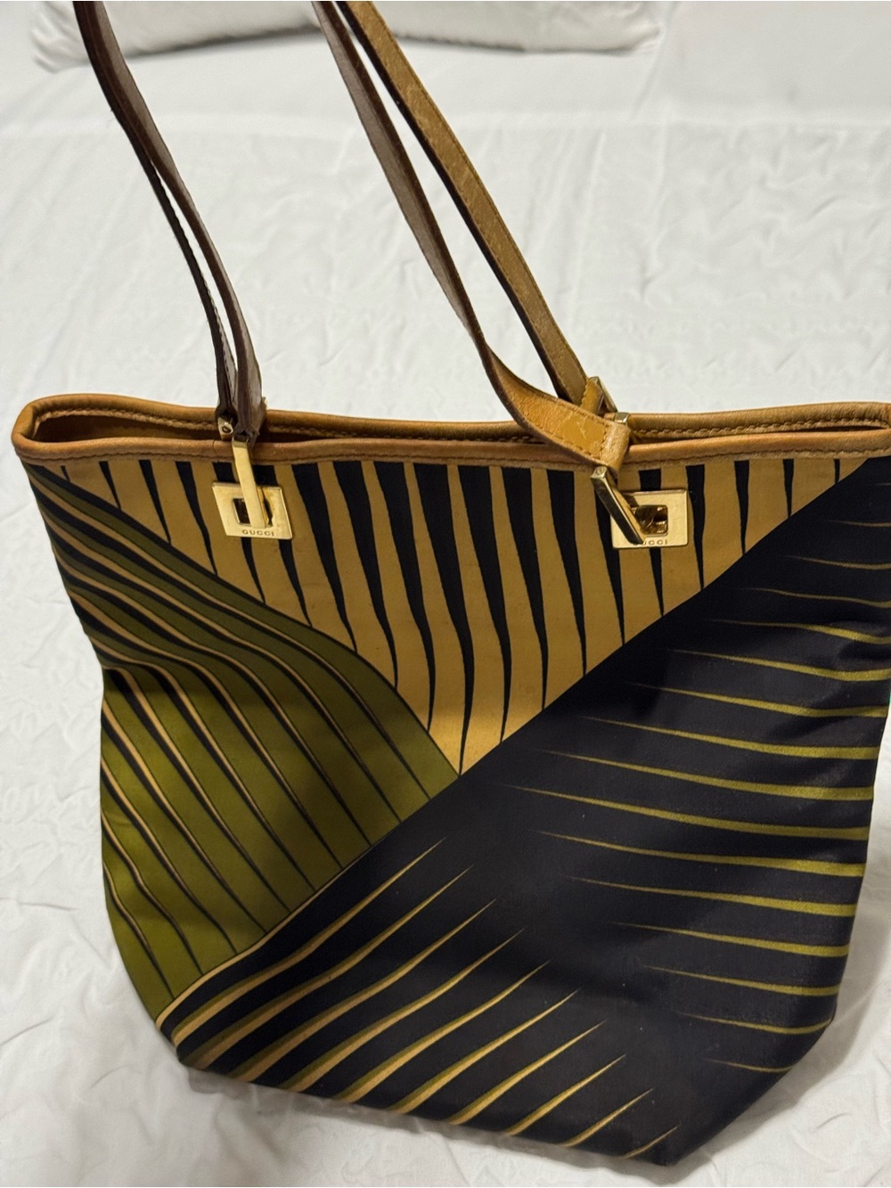 Vintage Gucci Rare Striped Two-Tone Tote Bag in Olive & Brown